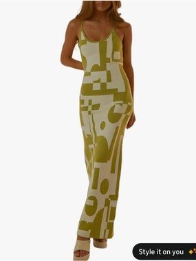 Geometric Print Olive & Cream Maxi Dress